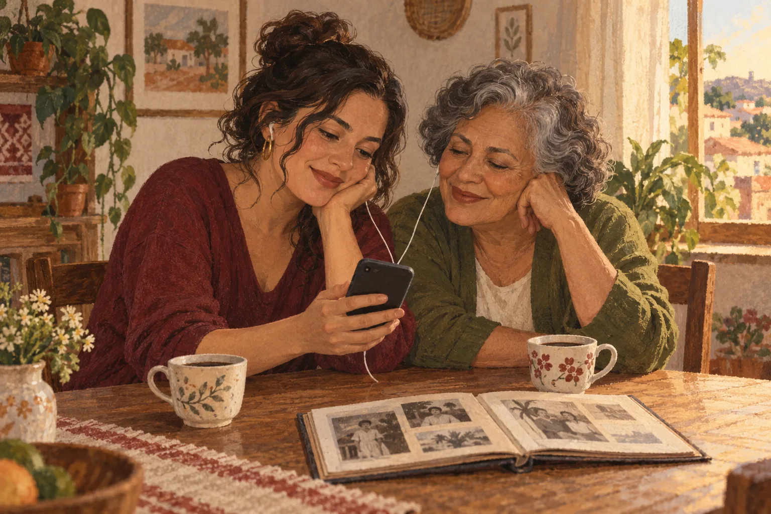 Ilustração de uma filha adulta e sua mãe ouvindo música juntas, ao lado de um álbum de lembranças e duas xícaras de café.